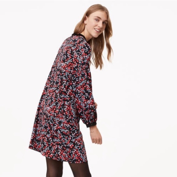 Loft Black Colorful Floral Keyhole Velvet Trim Mini Dress Size Small Tall - Picture 2 of 6